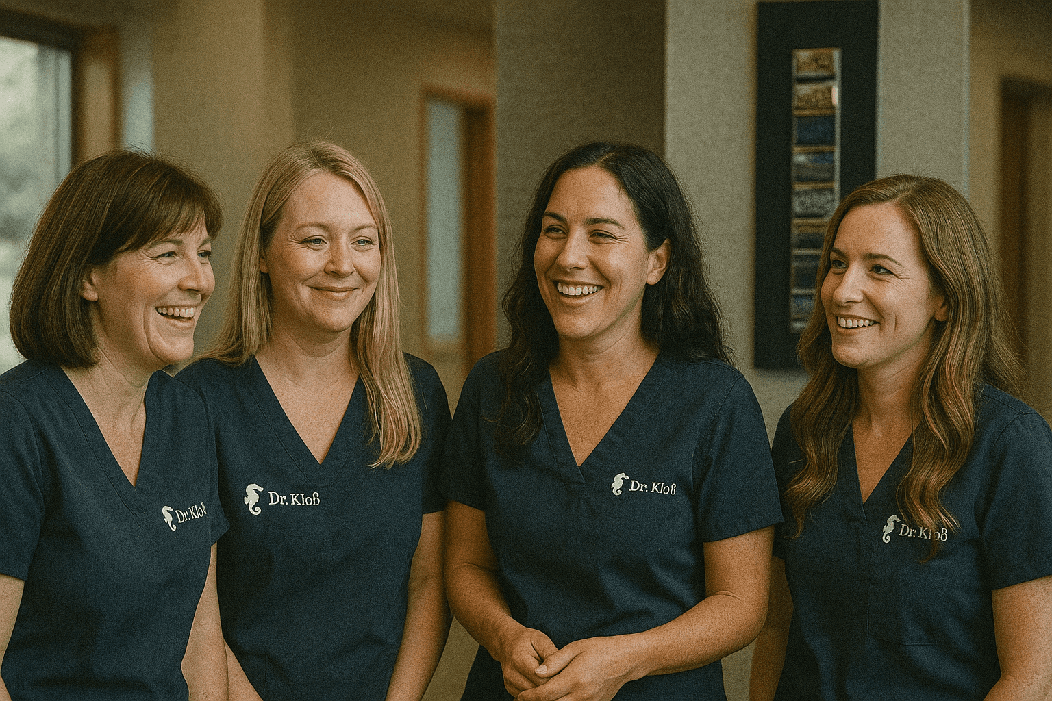 Das Praxisteam von Dr. Janine Kloß in Berlin-Mitte lacht gemeinsam in der Praxis.