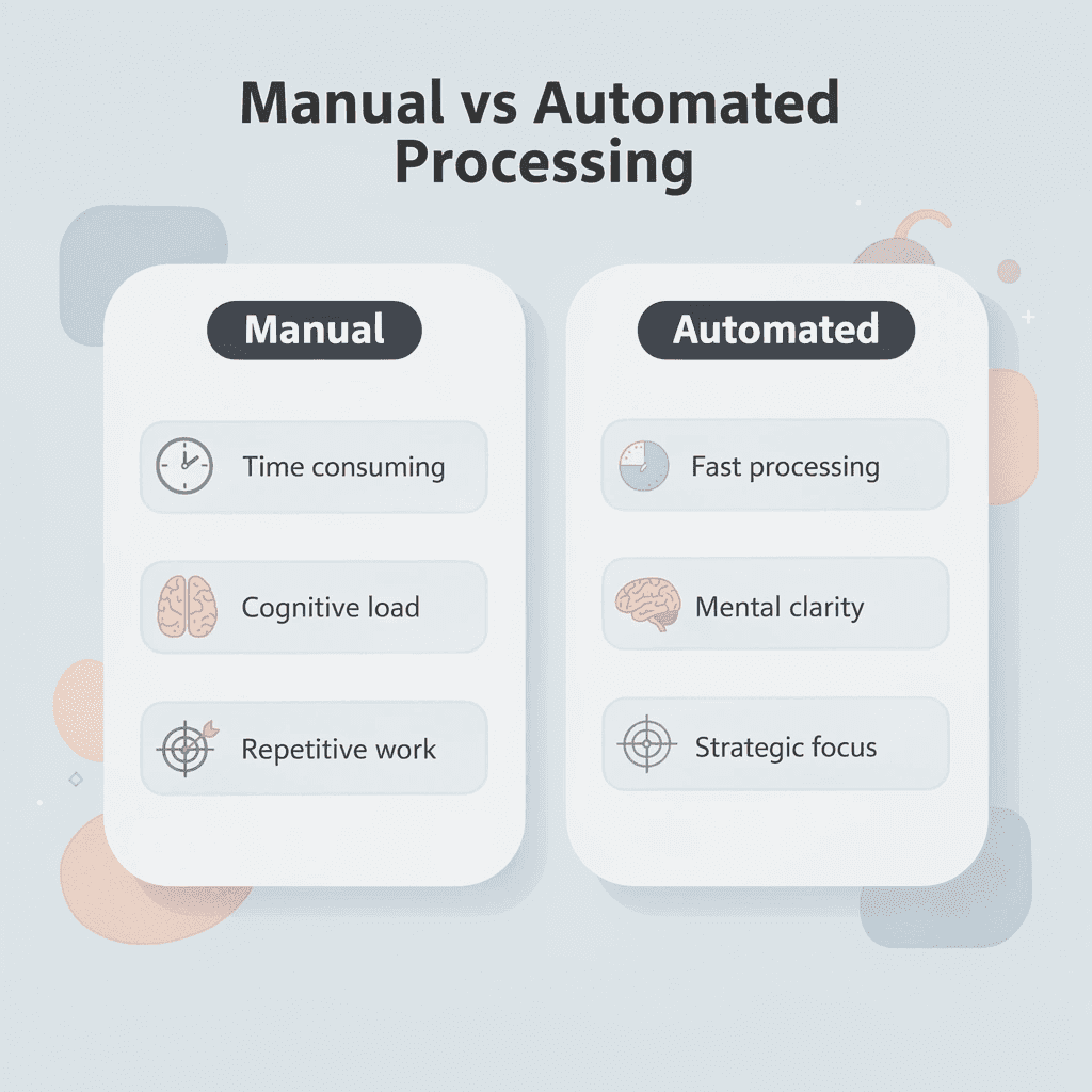 Comparison infographic showing manual versus automated research processing