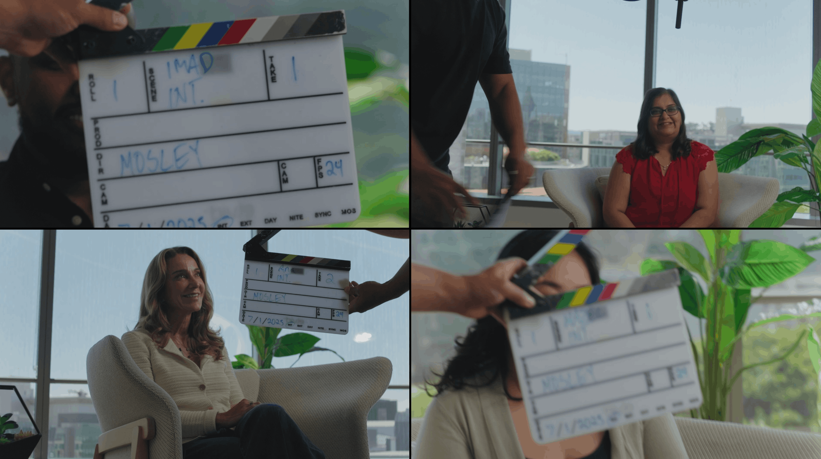 four images of people sitting behind slate cards on set for race you home uber film