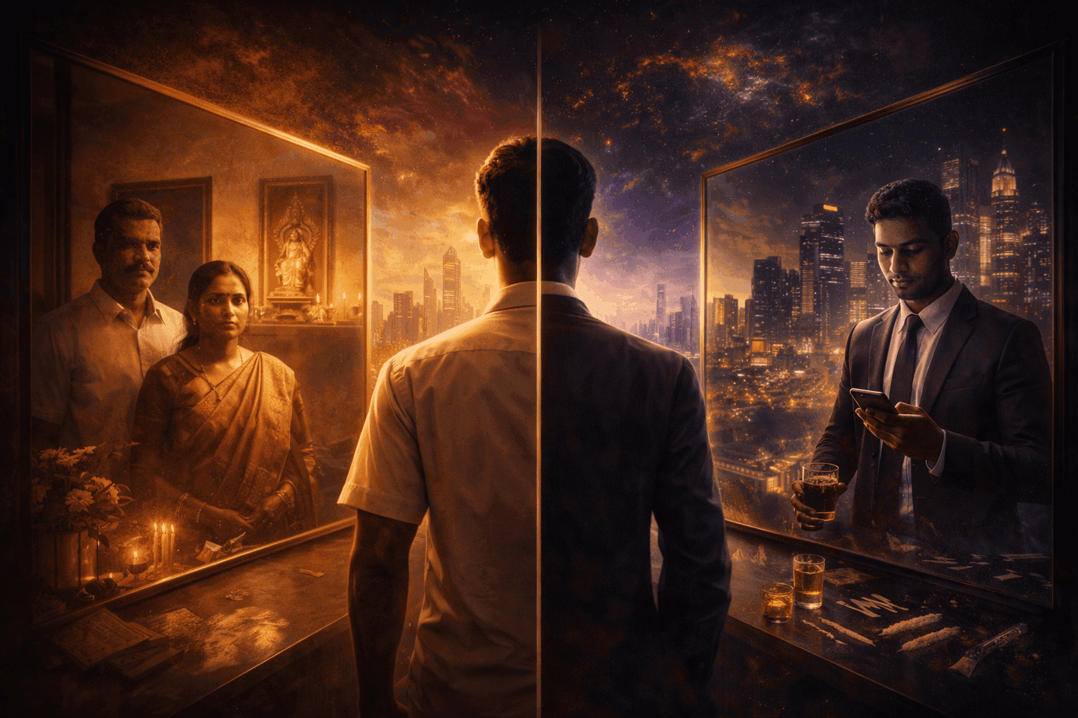 Man between two realities representing identity split, inner truth, and the journey back to self