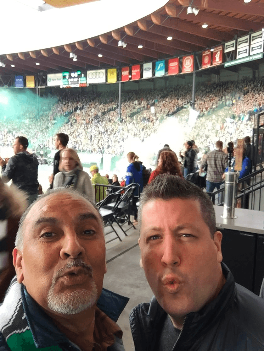 Juan and Ben at a Timbers game