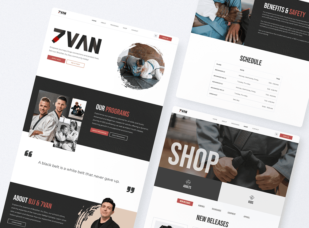 A collage of mockups of a Brazilian Jiu Jitsu academy's website, featuring the '7VAN' logo, images of martial artists training, a 'Our Programs' section, a detailed schedule, and a 'Shop' page. The design uses a white, black, and dark red color scheme.
