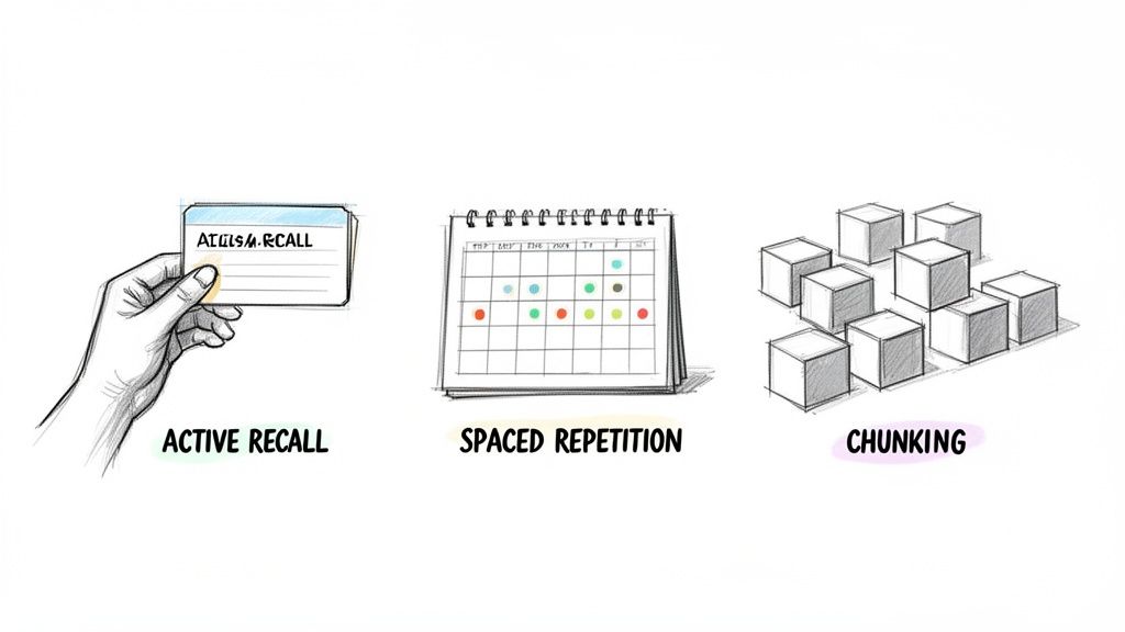Illustrations depicting three study techniques: active recall with a flashcard, spaced repetition with a calendar, and chunking with blocks.