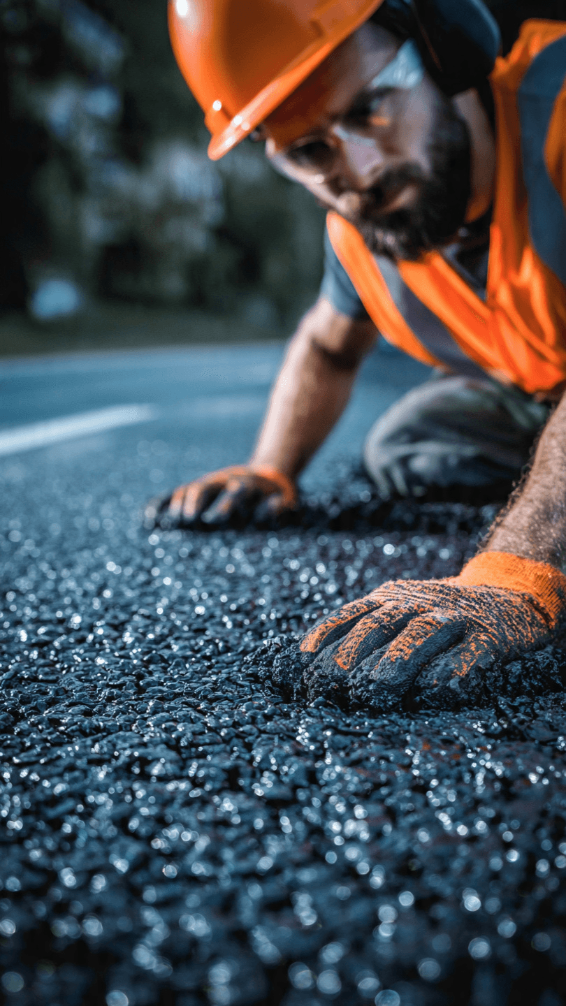 Crew member operating paving machinery