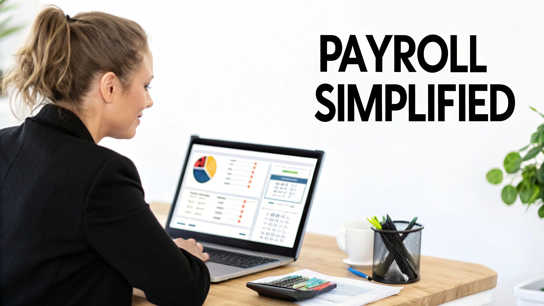 A woman in a black blazer works on a laptop displaying payroll software, with 'PAYROLL SIM</p>
<p>mplified' text.