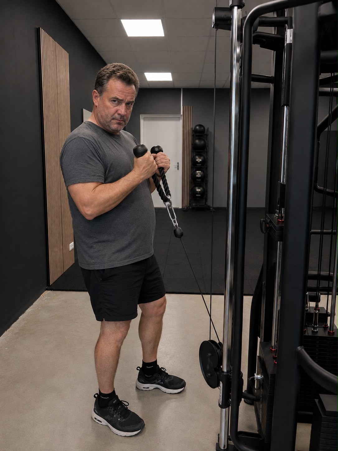 A muscular man lifting a dumbbell and looking upward with a focused expression. Quote below reads: “I’ve never felt this strong and confident in my life…” – Samantha Lee, Marketing Director.