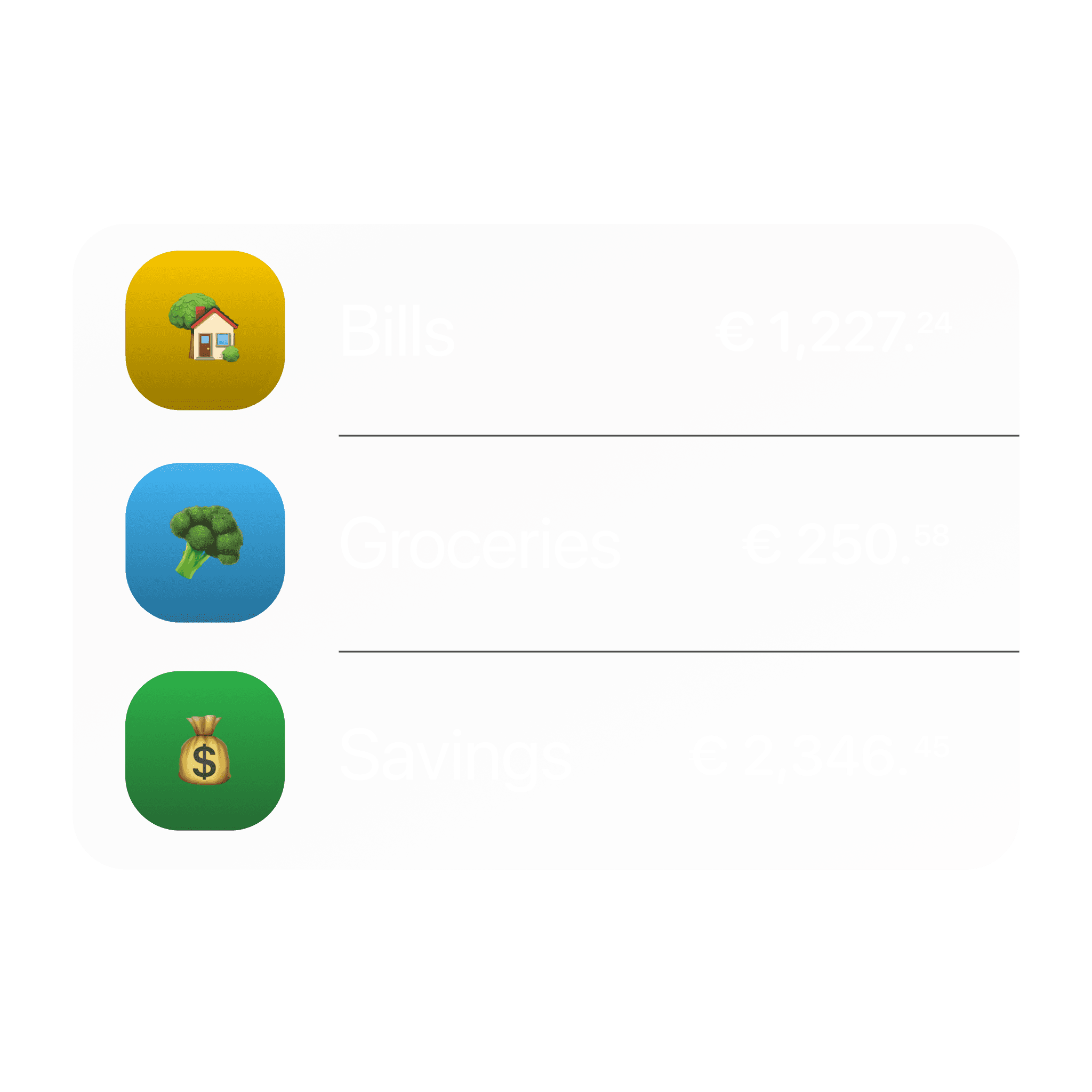 List of budget categories for Bills, Shopping, and Savings with progress bars and amounts.