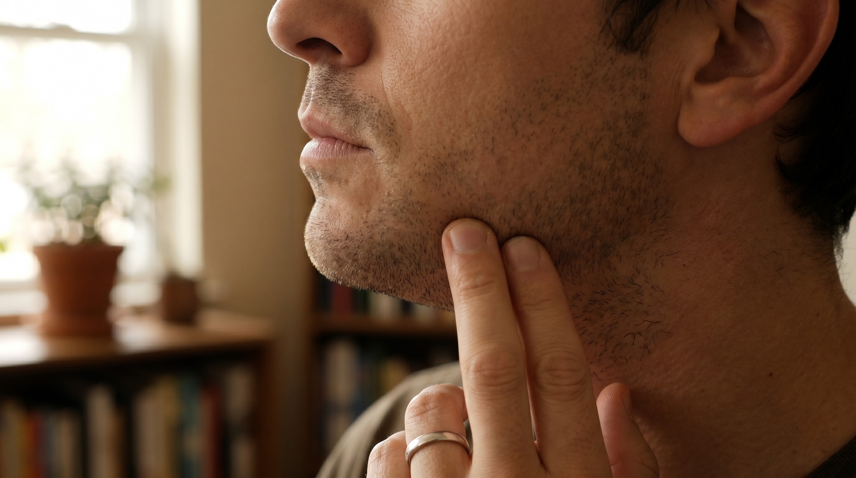 Close-up of a person pressing fingertips against their jaw near the ear in soft light