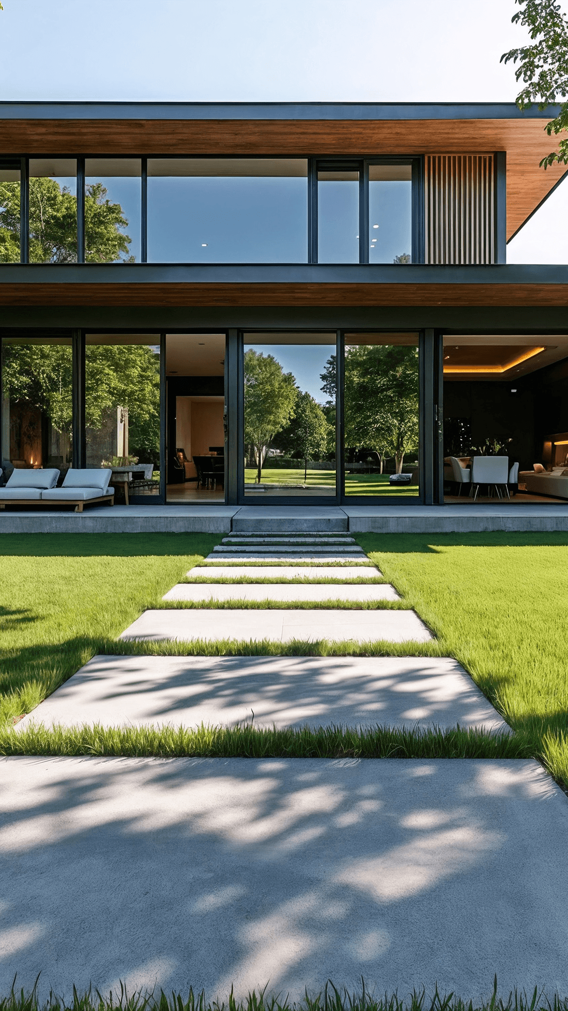Modernes Haus mit großen Fenstern, einem Steinweg und gepflegtem Gras, umrahmt von Bäumen unter klarem blauem Himmel.