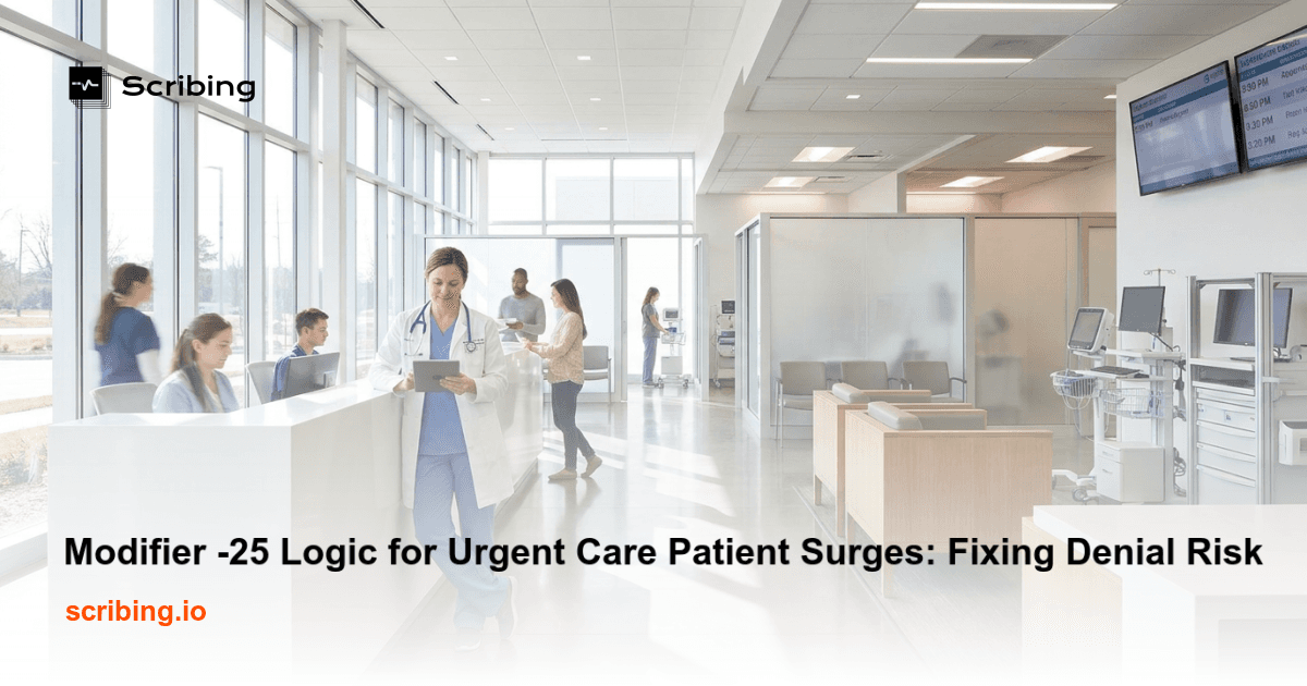 Illustration representing urgent care patient surge and documentation workflow challenges related to Modifier 25 billing logic