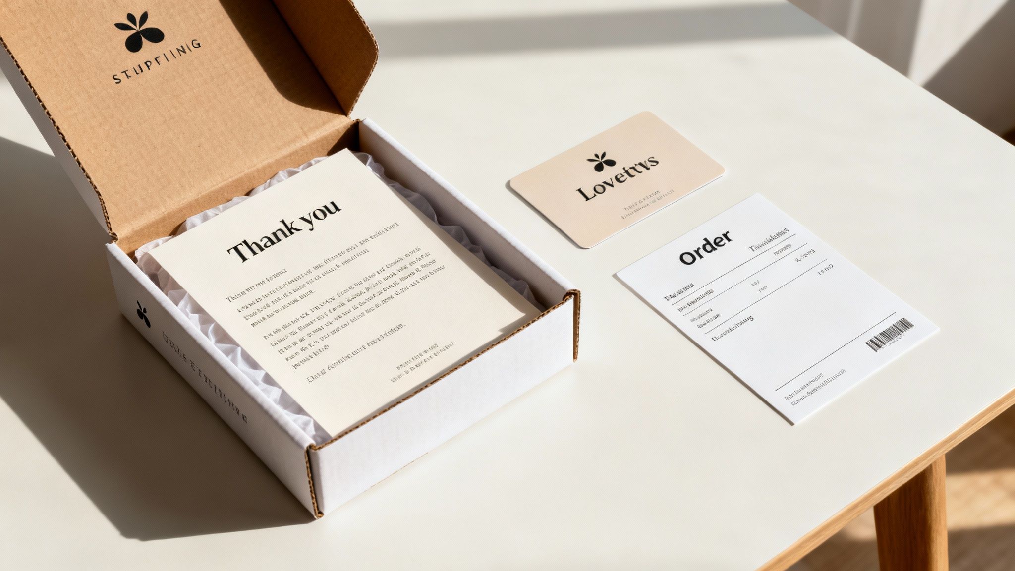 A customer happily unboxing a package, with branded tissue paper and a thank-you note visible.