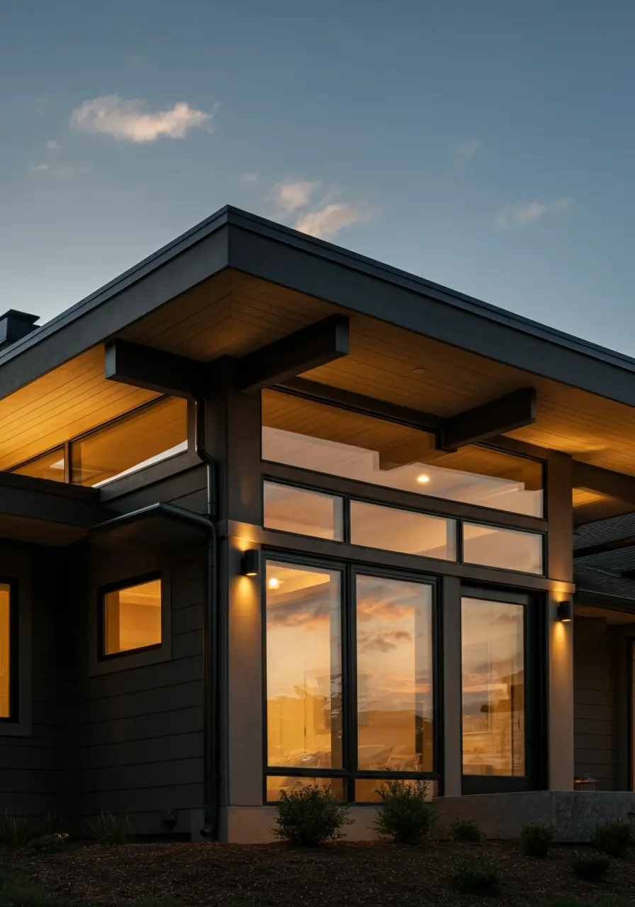 Concept design of a modern home exterior featuring large windows, warm interior lighting, and sleek architectural lines during dusk in Airdrie.
