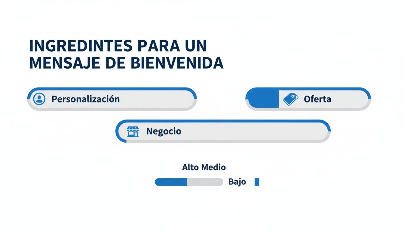 Gráfico que ilustra los ingredientes de un mensaje de bienvenida: Personalización, Oferta y Negocio, con barras de nivel.