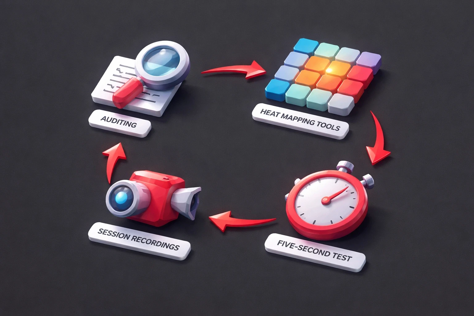 Isometric low‑poly flowchart illustrating UX optimization steps with faceted polygonal icons on a dark background, using accent red highlights.