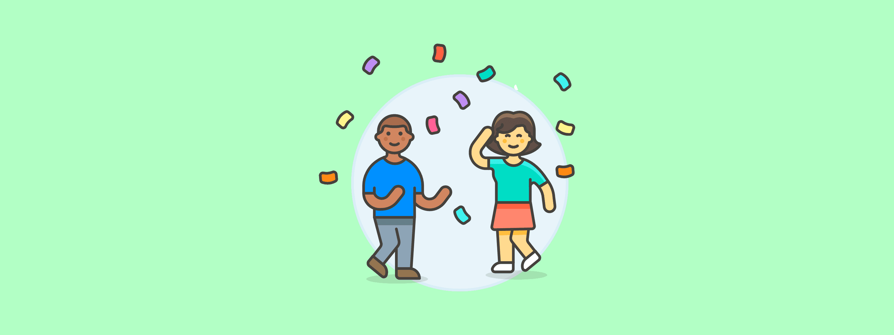 A graphic of a man and a woman dancing together under falling colorful confetti