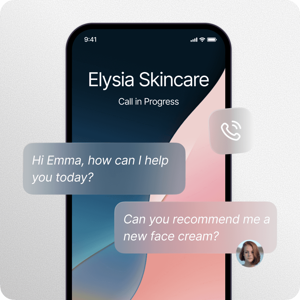 Customer call screen for Elysia Skincare with chat overlay recommending a new face cream.