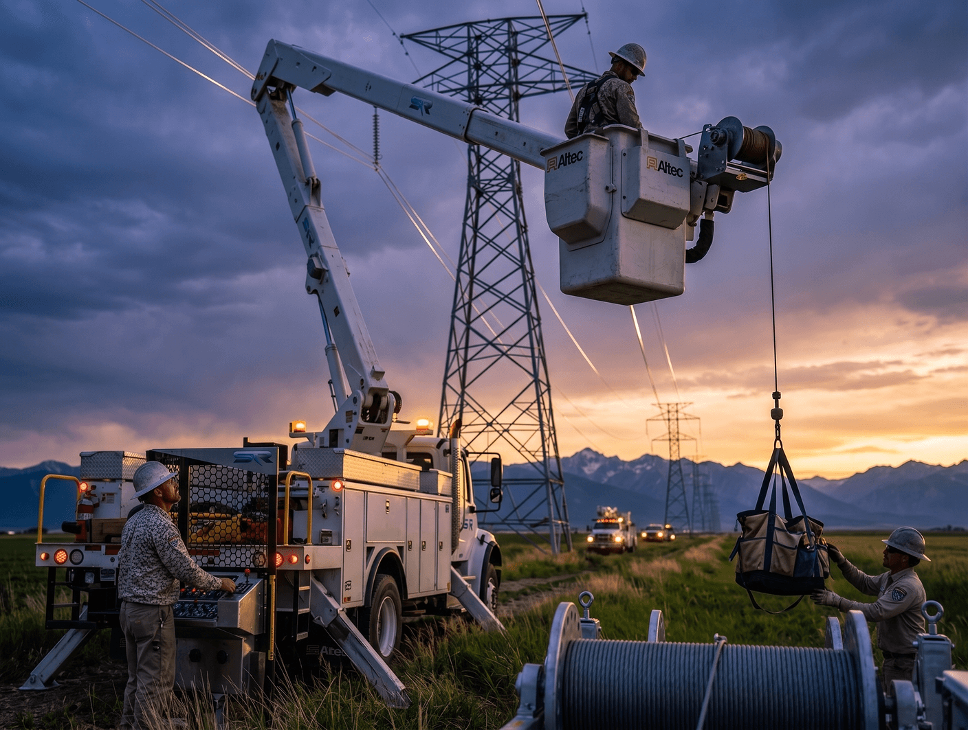 Bucket trucks and digger derricks lift transformers, set poles, and swing loads inches from energized conductors.