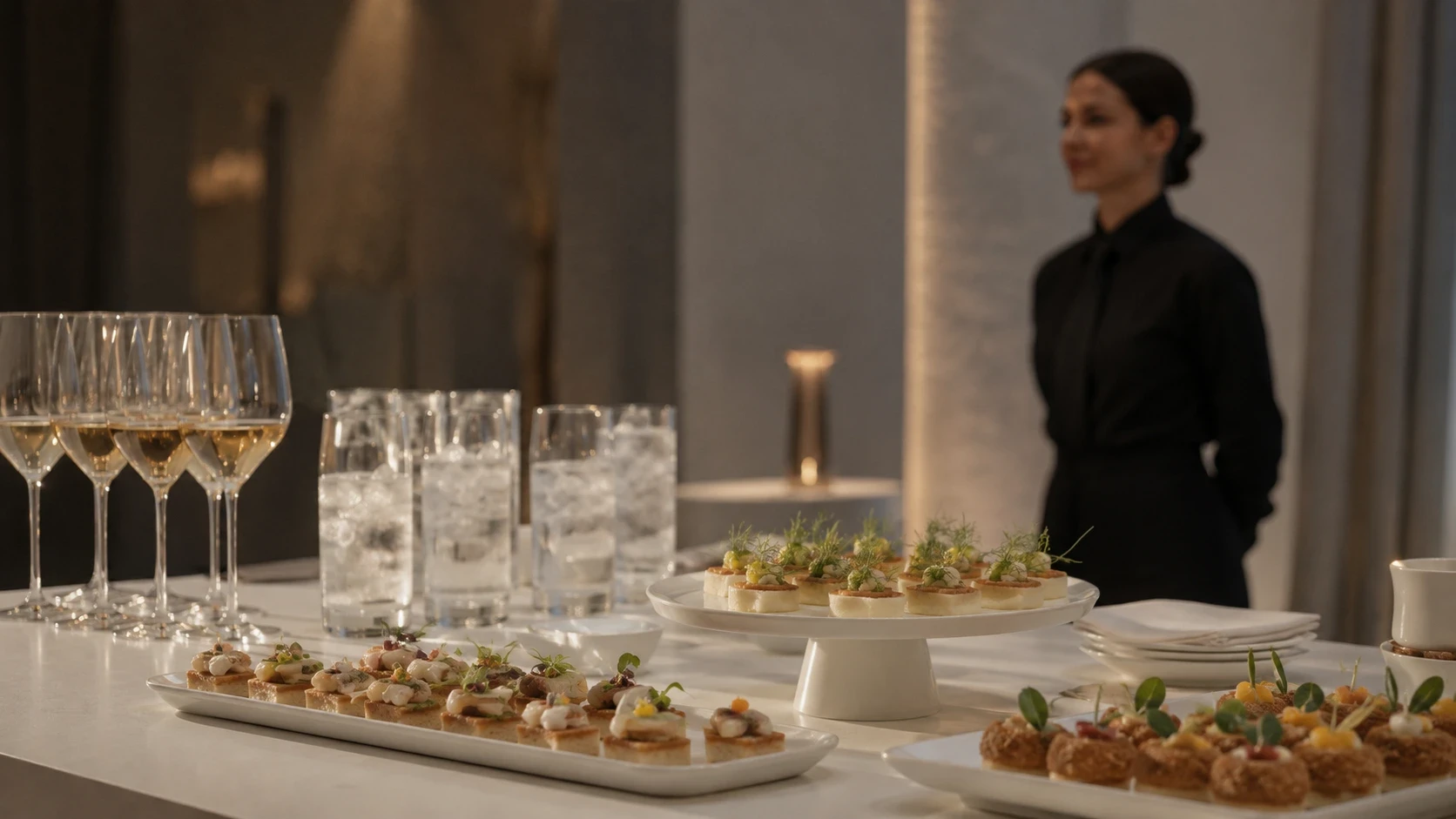 Estação de coquetel corporativo com canapés para lançamento de produto e networking