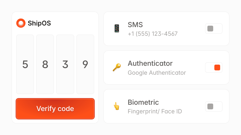 ShipOS: Enter SMS code 5839, Authenticator, Biometric for verification.