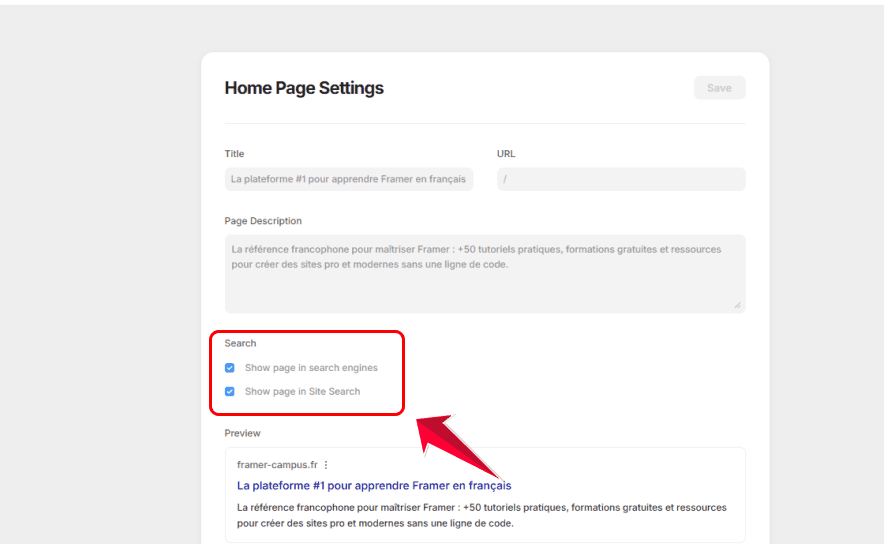 Paramètres de visibilité dans les moteurs de recherche dans Framer pour activer l’indexation SEO