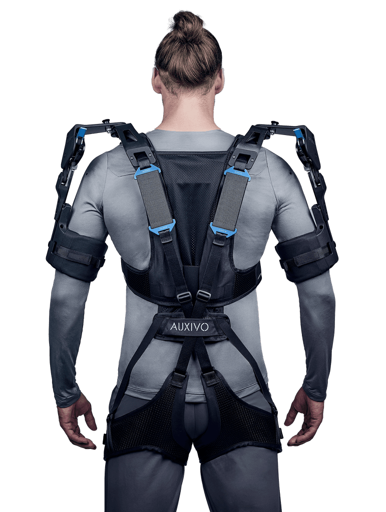 Rear view of a person wearing the OmniSuit exoskeleton, designed to provide versatile support for the shoulders and back during lifting and working at heights.