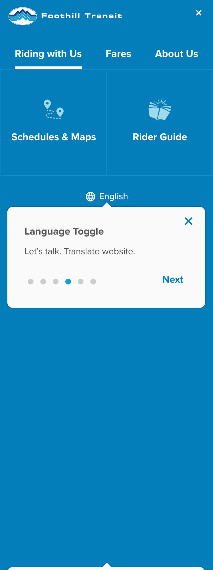 Foothilltransit.org mobile site displaying onboarding tooltip pointing out the language toggle