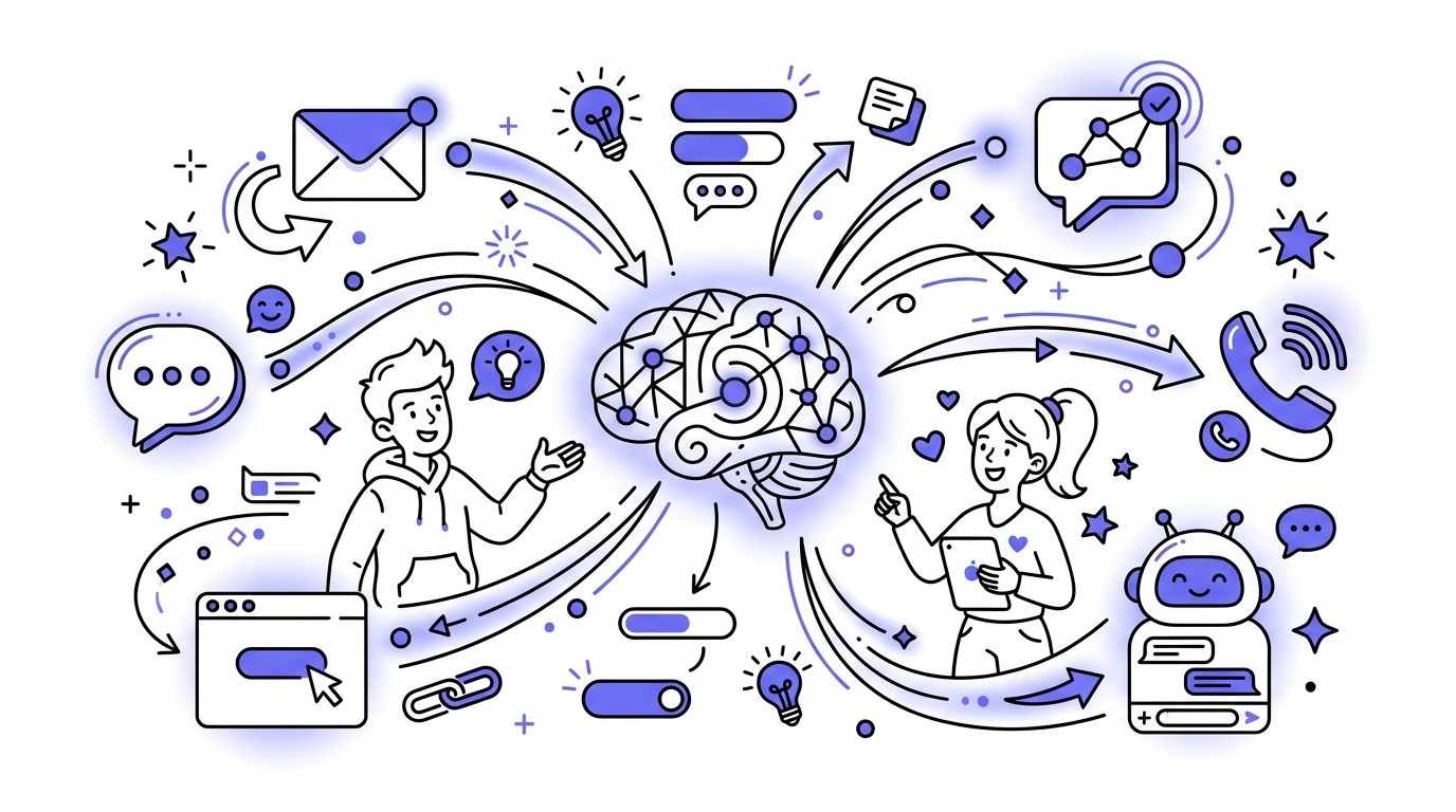 An abstract digital illustration showing a glowing AI core at the center, radiating data streams to various communication icons like email, SMS, social media, phone, and web browser, symbolizing AI-driven multi-channel outreach.