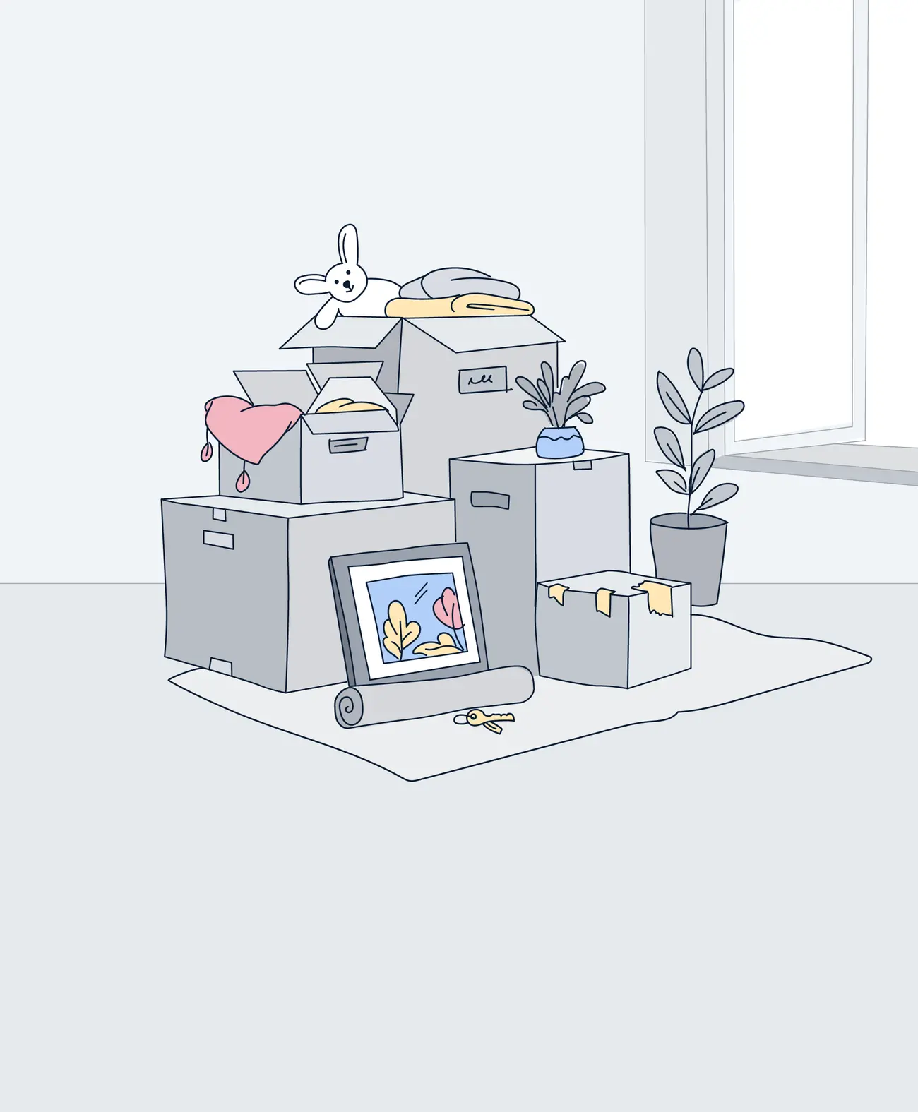 Illustration of stacked moving boxes with a stuffed toy, a framed picture, a rolled-up rug, a plant and a set of keys