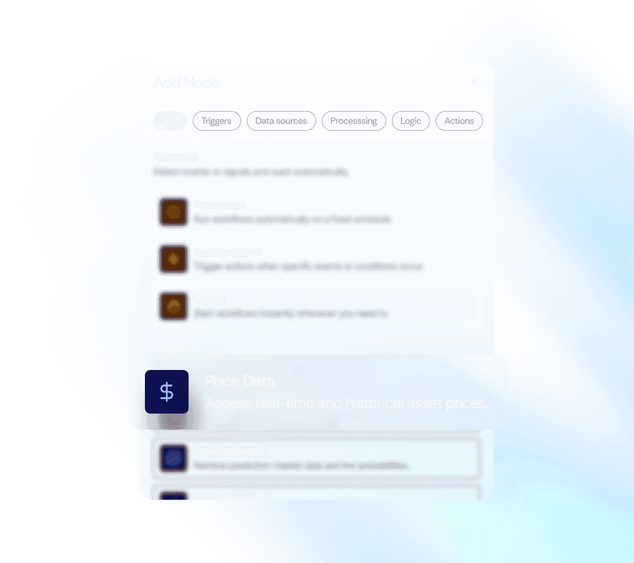 Visual node-based workflow builder showing Add Node panel with triggers, data sources, processing and action categories, highlighting Polymarket Data integration