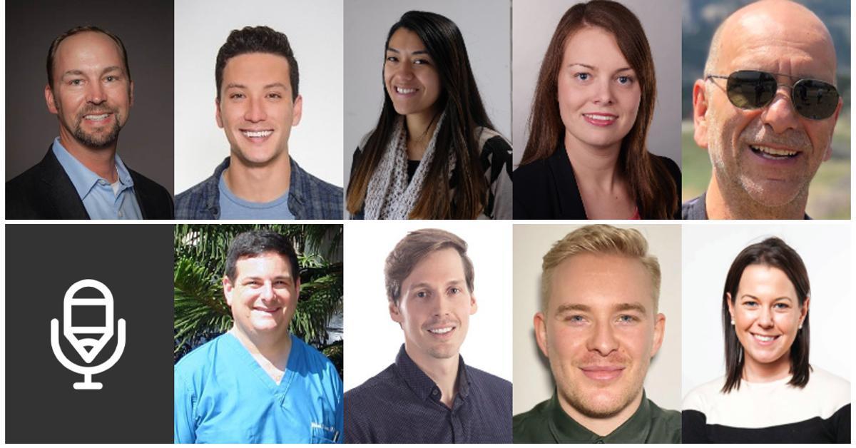Grid of ten headshots, featuring diverse professionals. Nine individuals smile at the camera; one tile displays a white microphone icon on a dark background. Mix of casual and professional attire.