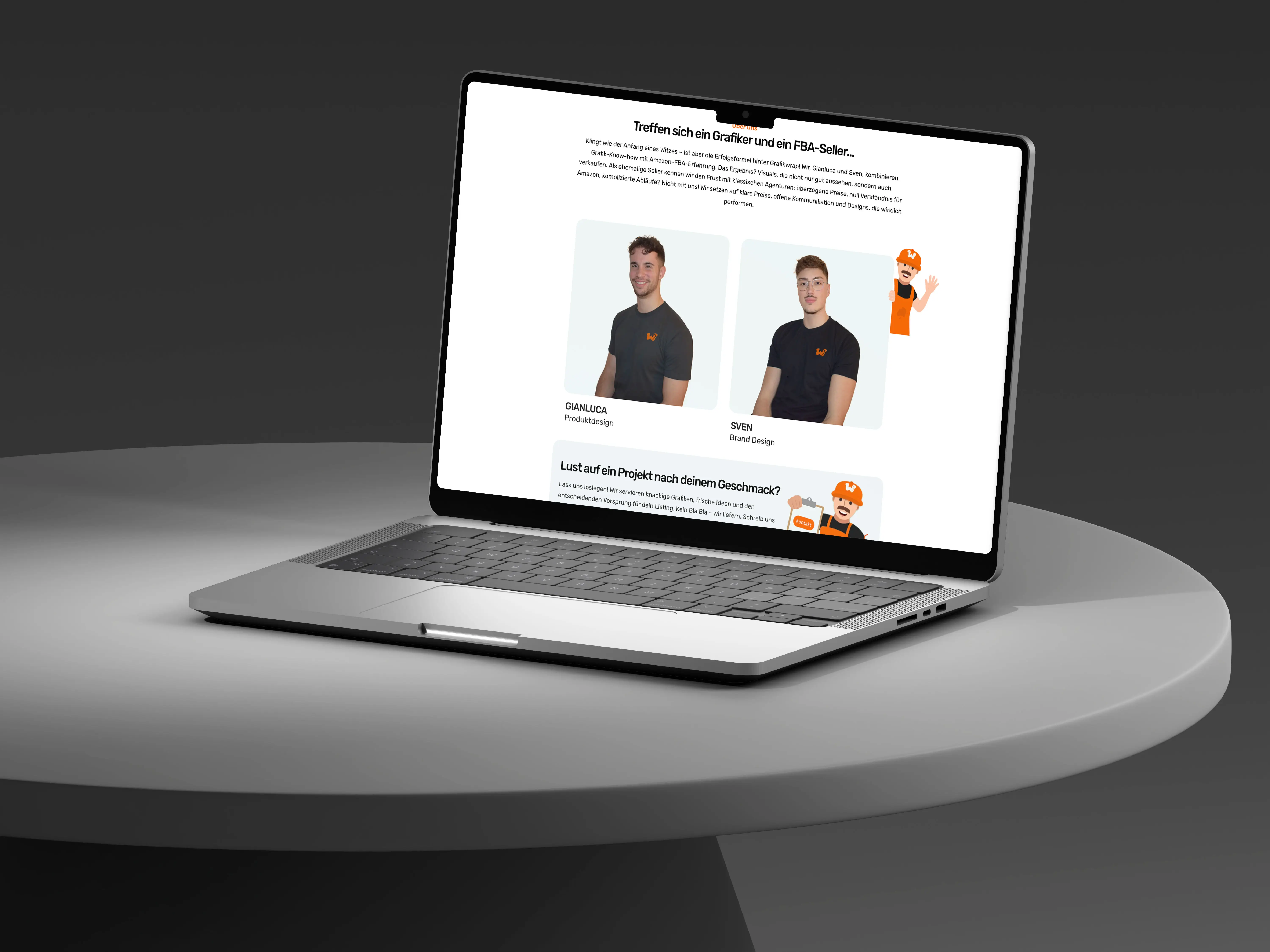 Teamvorstellung und USP-Integration auf der Website von GrafikWrap – personalisiertes Design für Amazon FBA Dienstleister