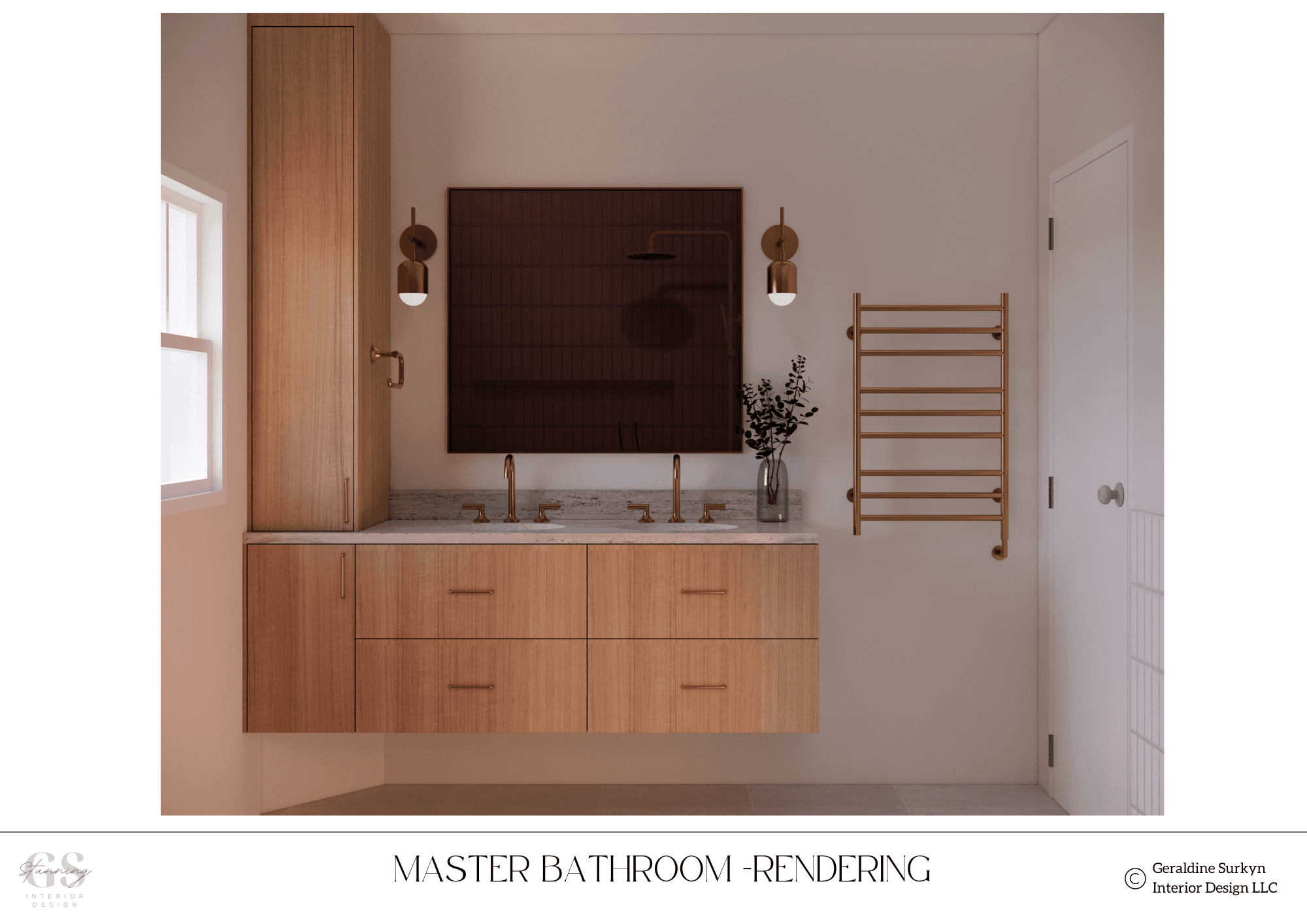 3D rendering of the master bathroom vanity wall in warm wood and white