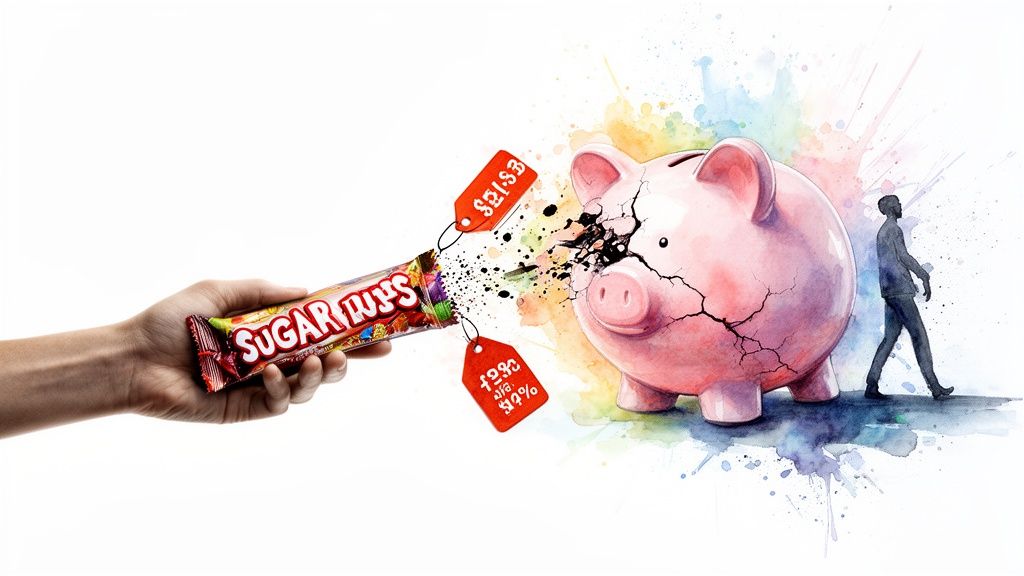 Hand holds a 'SUGAR RUSH' bar shattering a piggy bank with price tags, depicting high candy costs.