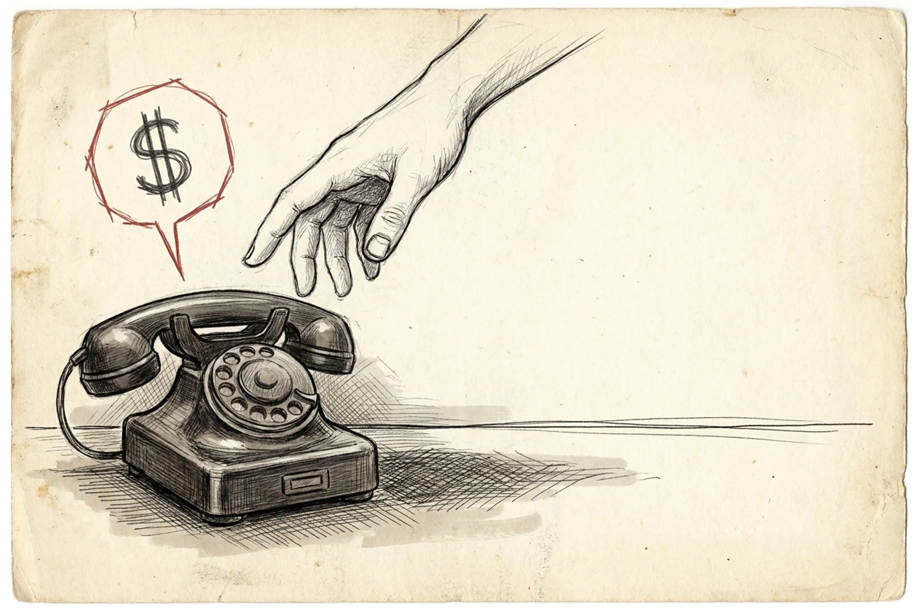 HVAC call booking script — hand-drawn sketch of a CSR's hand frozen above a ringing phone with a dollar-sign speech bubble, illustrating diagnostic fee hesitation that kills booking rates