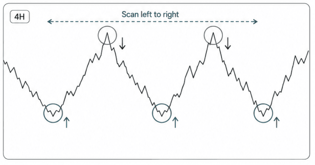 A chart being scanned left to right and circling the V shapes