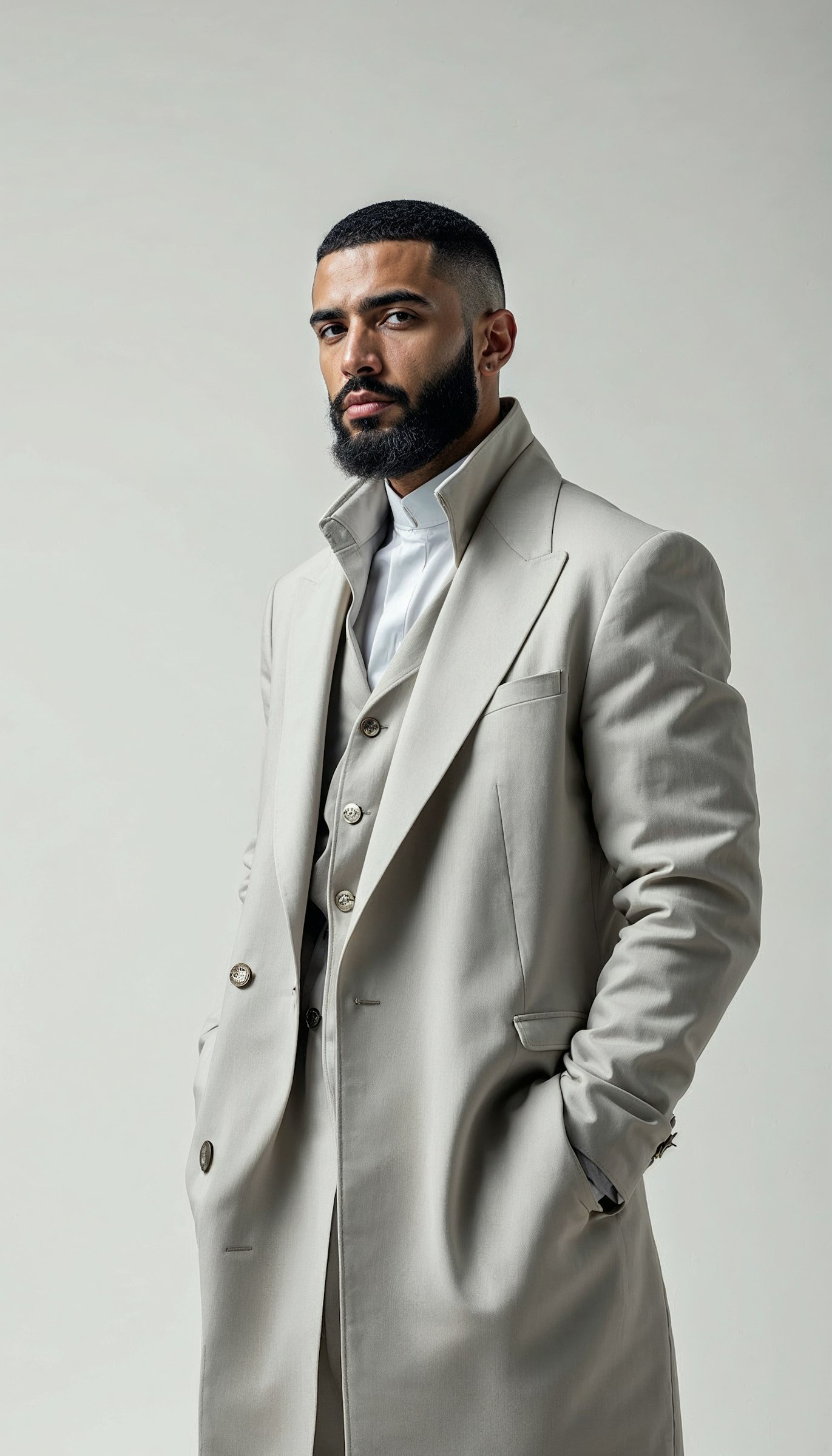 A stylish man with a well-groomed beard and short haircut, dressed in a layered beige suit and coat, posing with hands in pockets against a plain background.