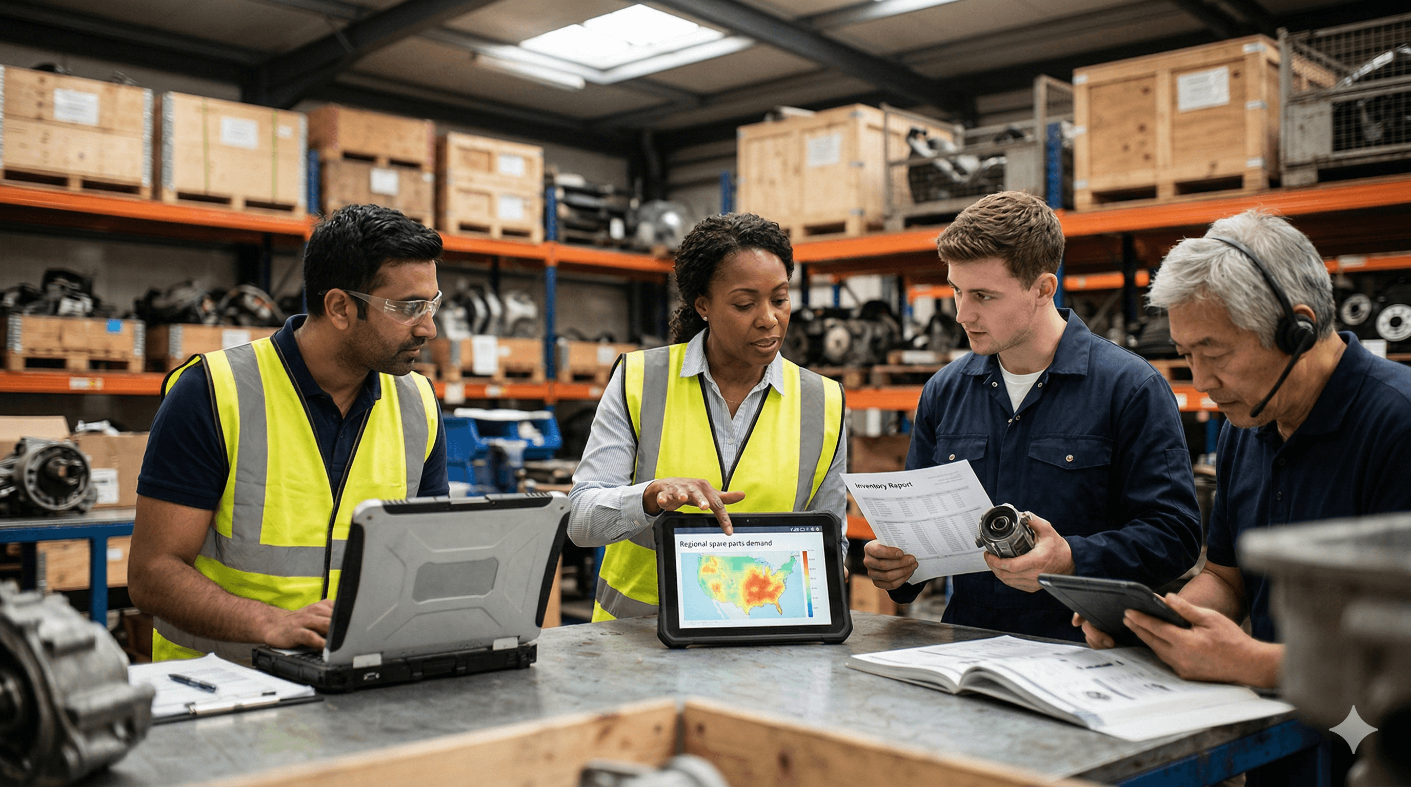 A diverse team of professionals collaborates in a busy commercial vehicle aftermarket warehouse, engaging with digital tablets and documents, showcasing the use of technology to unlock AI value for faster and efficient operations.