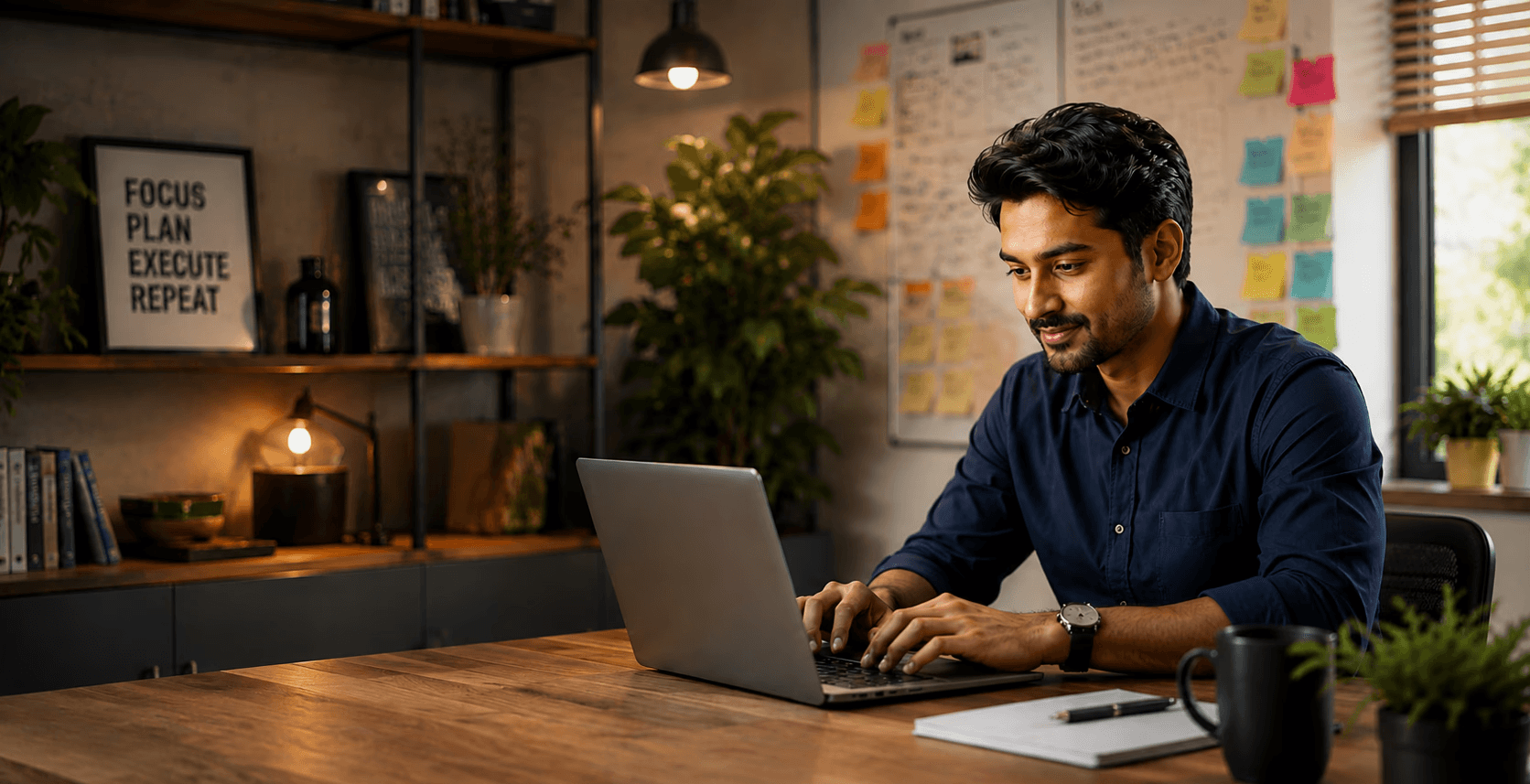 Person working at a desk with laptop and plant.