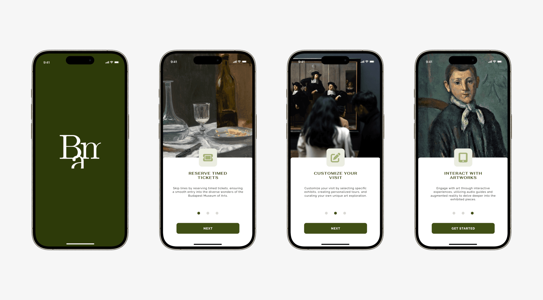 Budapest Museum of Arts app mobile screens for onboarding flow