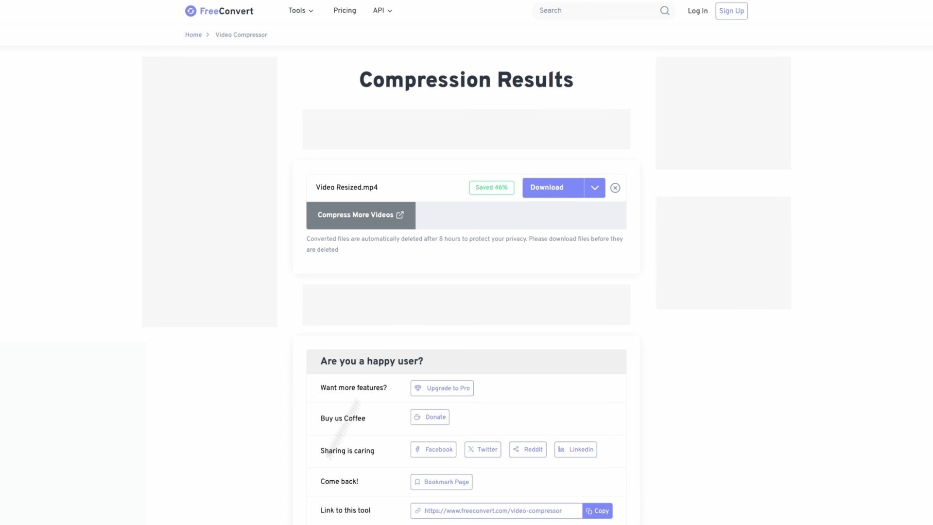 Screenshot of a web page from FreeConvert showing video compression results with options to download the video, compress more videos, and links for upgrading service, donating, and sharing on social media