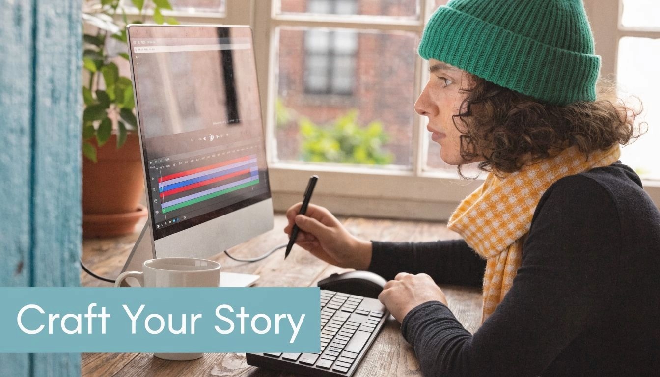 A creative woman wearing a beanie working on video editing software on her computer at home.