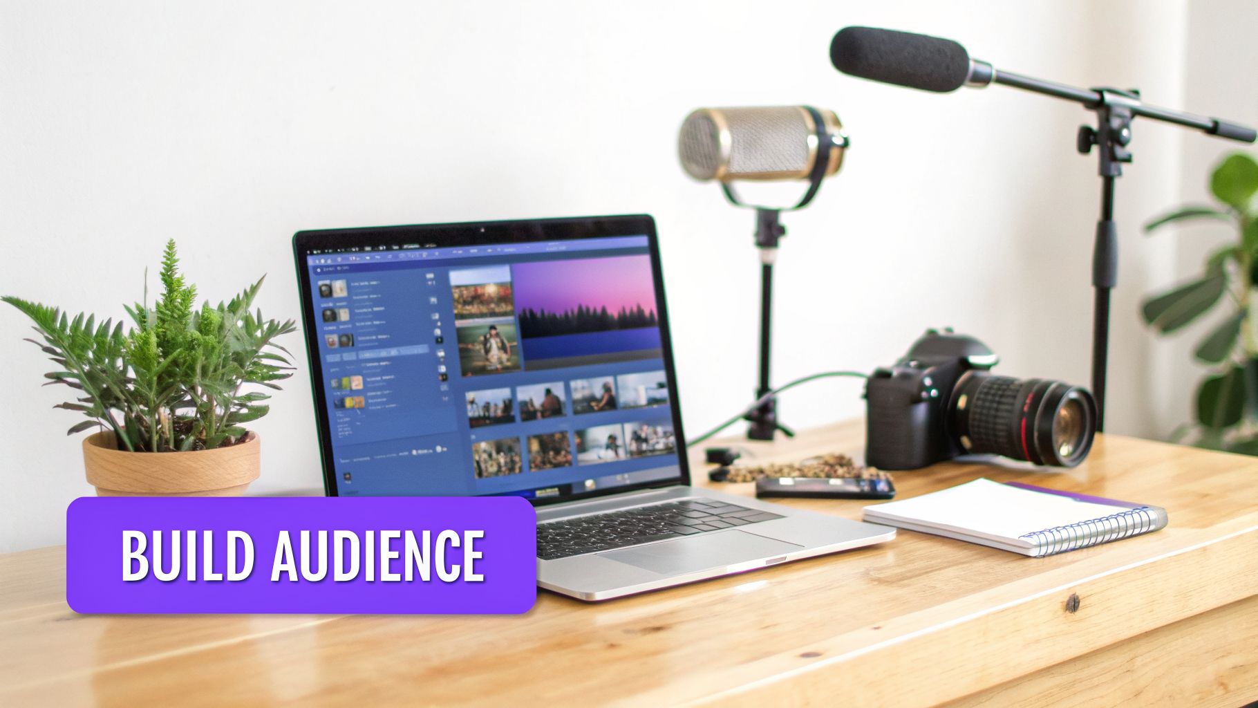 A laptop on a wooden desk displaying social media, with a camera and microphones, for content creation.