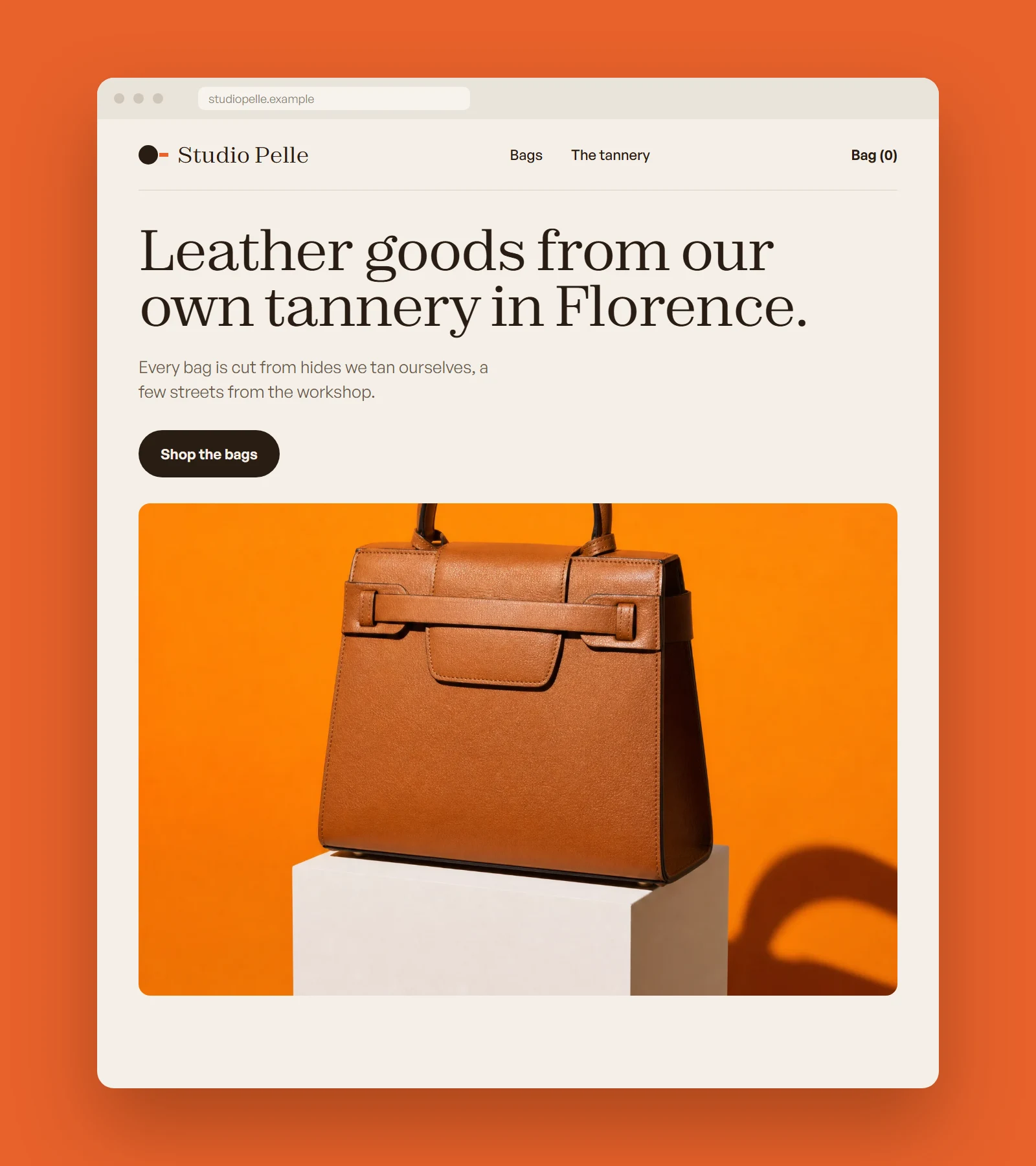 Studio Pelle online shop homepage in a browser window, portrait crop