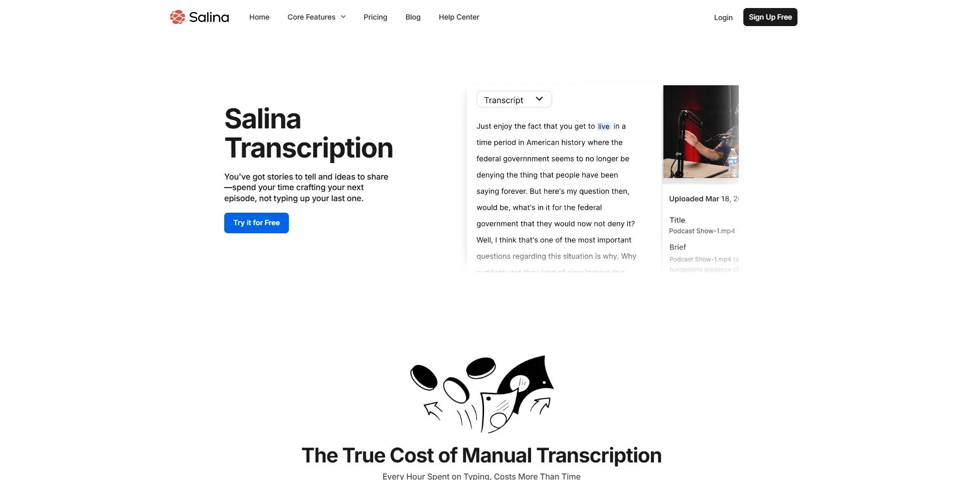 Salina transcription page – real-time AI speech-to-text interface