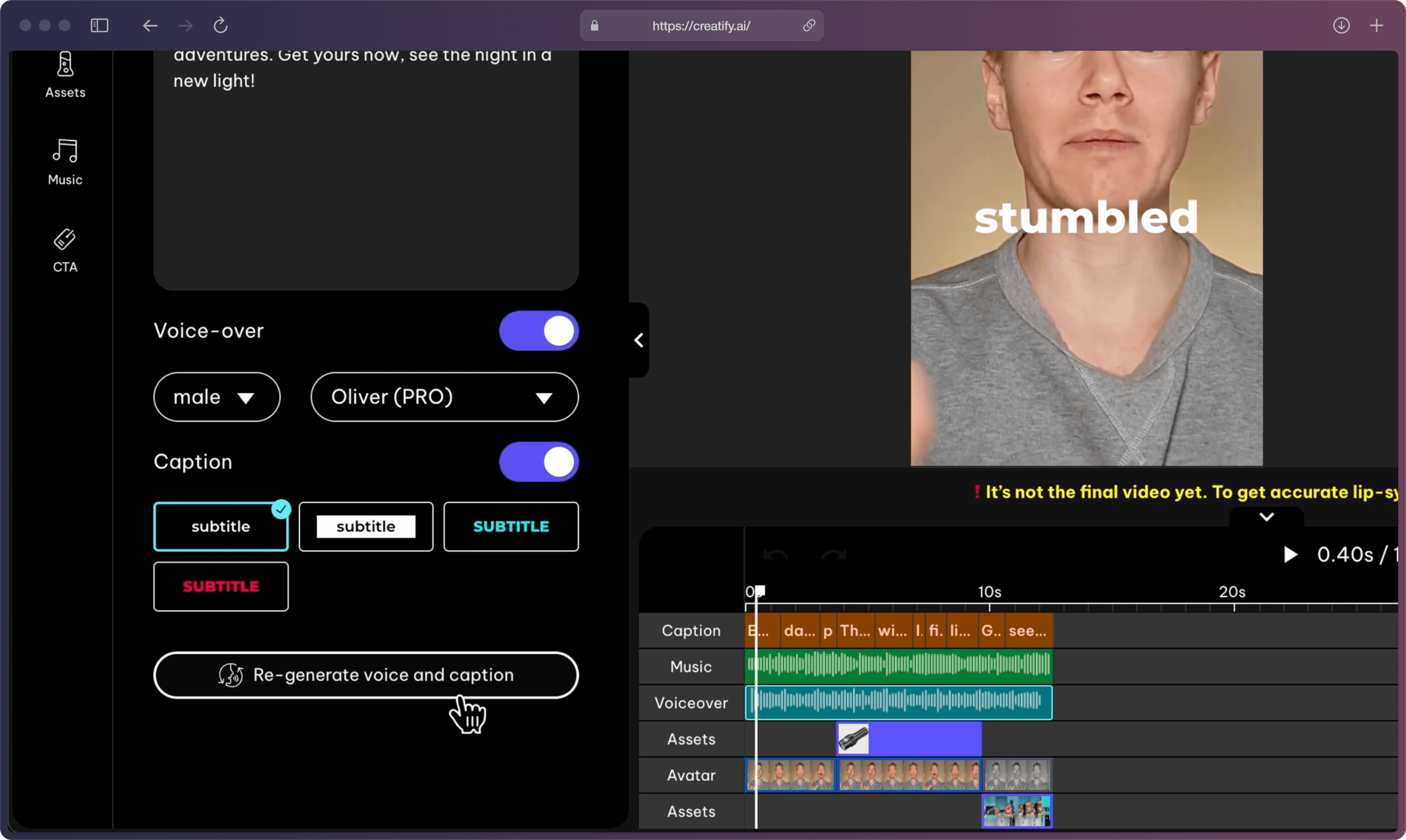 A screenshot of Creatify AI app’s Editor page showing several tools on the left, expanded on “Script” feature showing multiple elements and toggles like script, voice, and caption styles with cursor hovering on “Re-generate voice and caption” button.