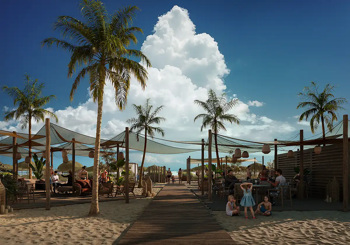 Long wooden promenade on the beach with shaded lounge areas under net canopies, palm trees, and seating. Tropical beach club resort 3D rendering.