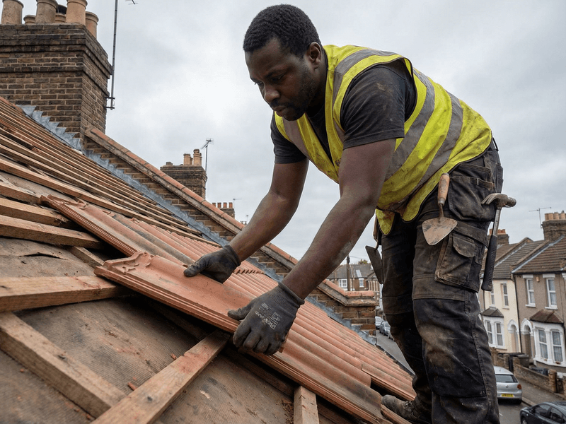 a man on a roof working with a rope