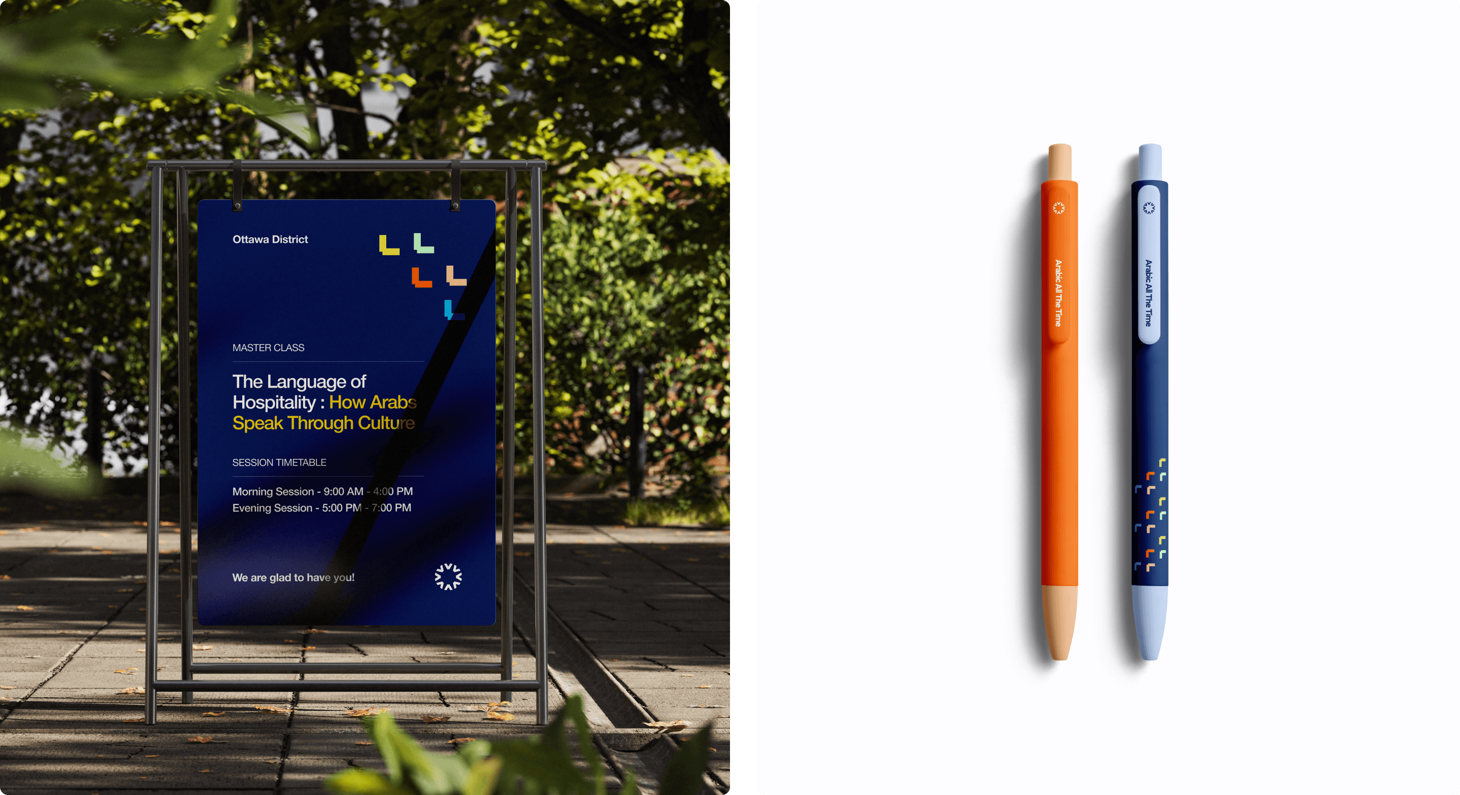 welcome A-board + pens collateral