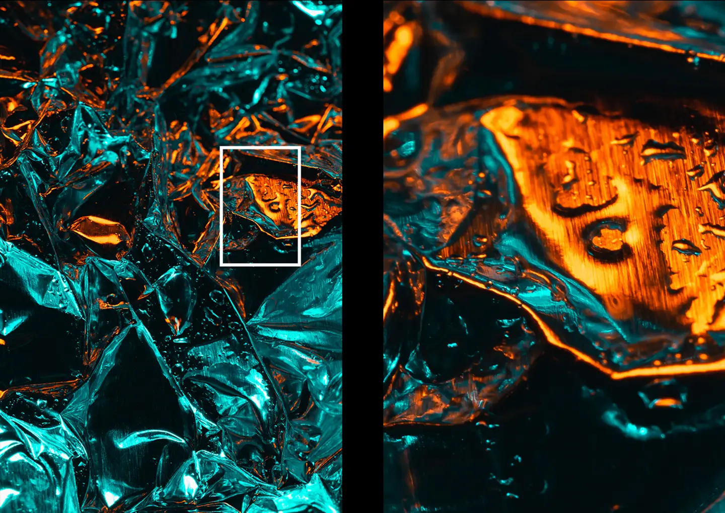 Cipher abstract metal foil texture closeup showing high resolution metallic ridges and colorful light reflections