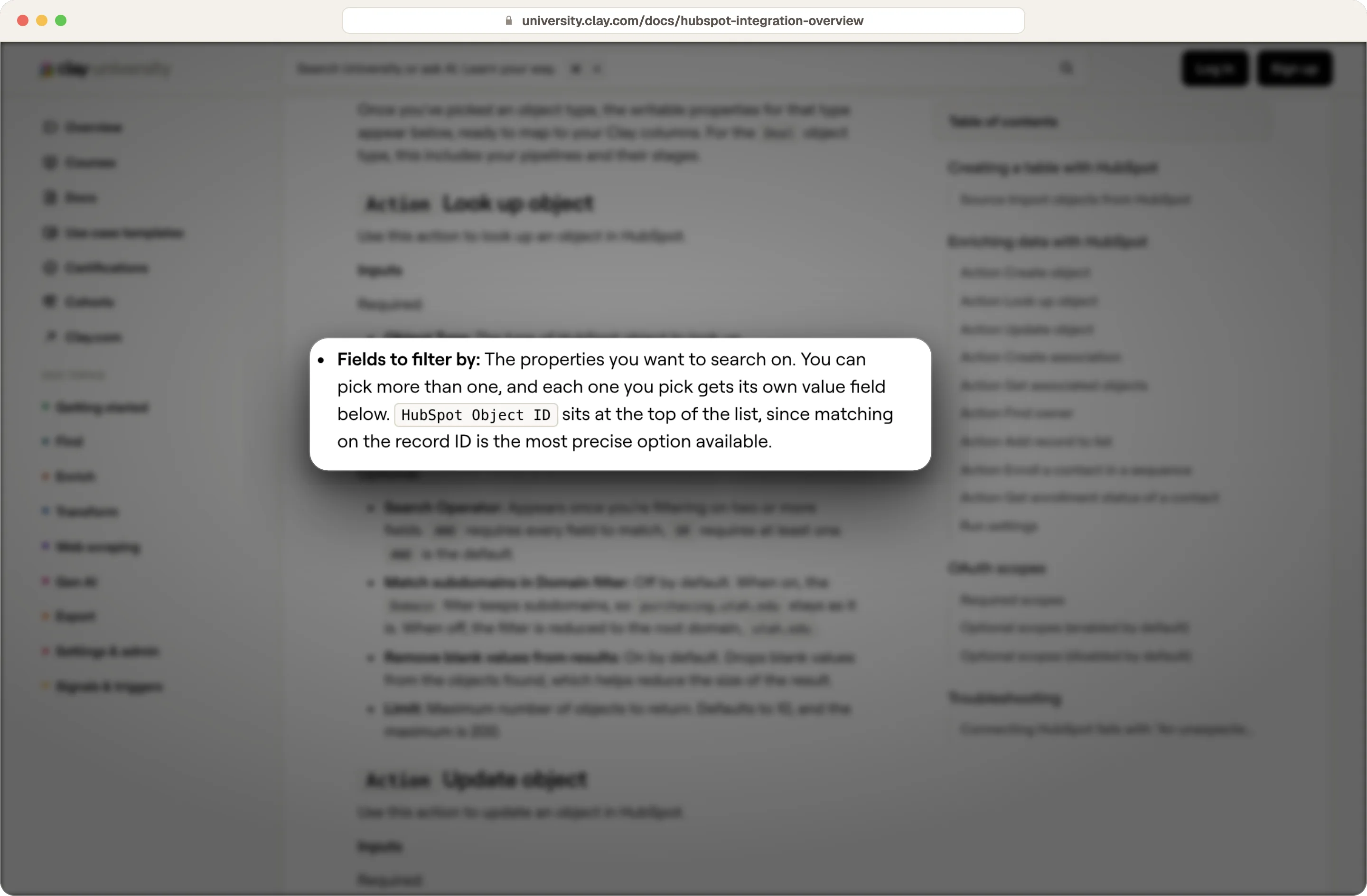 Clay documentation stating matching on the HubSpot record ID is the most precise lookup option